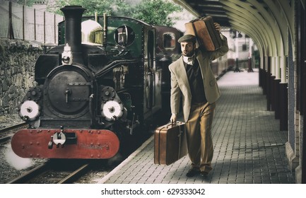Emigrant to the train station with cardboard suitcases. - Shutterstock ID 629333042