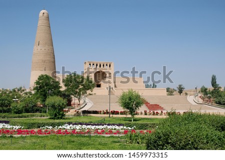 Emin minaret (1777) is the main touristic attraction in the city. Turpan town, Xinjiang, China, Asia.