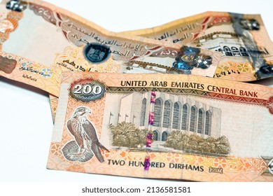 Emirates Money, Translation (200 AED Two Hundred Dirhams Banknote Of United Arab Emirates), With Zayed Sports City Stadium And Sharia Court Building, Central Bank Of The UAE And A Falcon Image