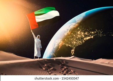 Emirati Man Holding UAE Flag Standing On The Moon