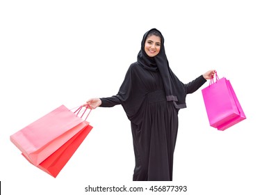 Emirati Woman With Shopping Bags On White Background