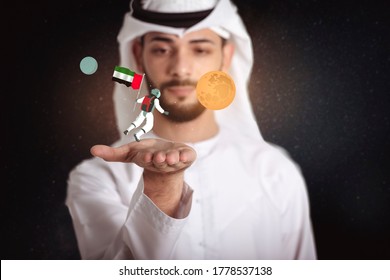 Emirati Young Man Holding An Astronaut In The Space With UAE Flag Floating With Mars, United Arab Of Emirates To The Space.