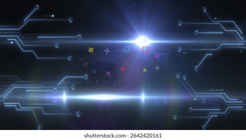 Emitting lens flare, light beam crossing digital interface, with neon-blue circuit lines and nodes. Futuristic, technology, digital, neon, abstract, cyber, network