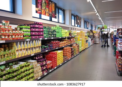 EMLICHHEIM, GERMANY - FEBRARY 1, 2018: Aisle With can food products, interior of an ALDI Nord discount supermarket.