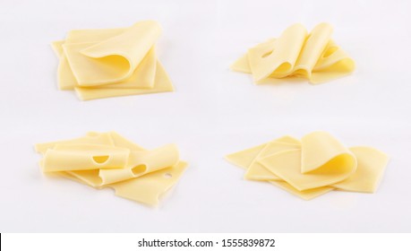 Emmental, Cheddar, Gouda Cheese Slices On White Background