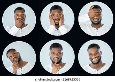 Emotion Collage. Facial Expression. Avatar Portrait. Multiple Face Icon Headshots Of Young Man Isolated On Light Background In Black Round Frame.