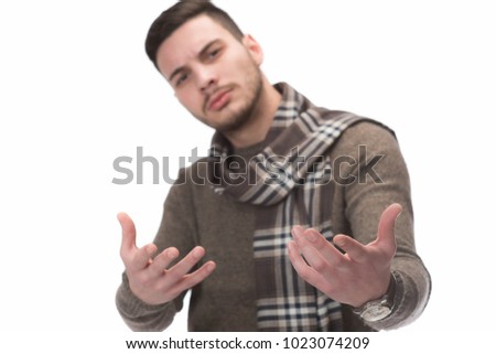Emotion Concept. Young Man making ARE YOU CRAZY gesture on white background.