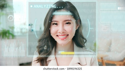 emotion detected by artificial intelligence AI system concept - Young asian businesswoman makes happy facial expressions on her face 