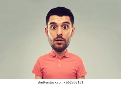 Emotion, Facial Expressions And People Concept - Surprised Man In Polo Shirt Over Gray Background (funny Cartoon Style Character With Big Head)