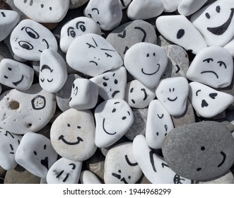 Emotion Management Concept, Stones With Painted Faces Symbolize Different Emotions. We Are All Different, But All Together, Learning To Manage Emotions. Empathy, Community, Education, Mental.