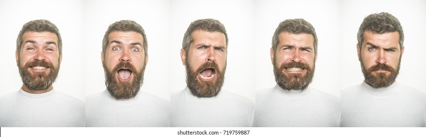 Emotion Set Of Bearded Man Collage With Happy, Surprised, Scared, Serious And Sad Face Isolated On White Background