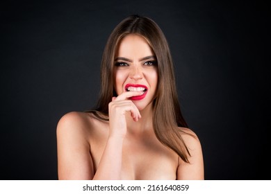 Emotional Angry Woman Gnawing Nails, Upset Girl. Screaming, Hate, Rage. Pensive Woman Feeling Furious Mad And Crazy Stress.