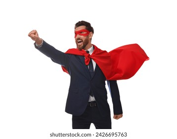 Emotional businessman wearing red superhero cape and mask on white background - Powered by Shutterstock