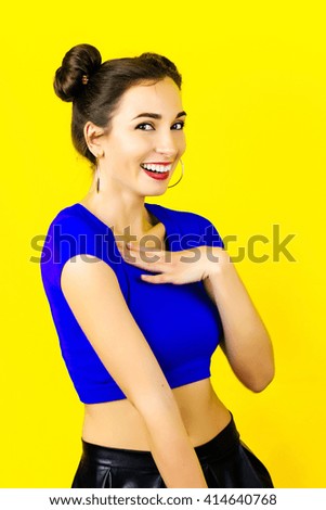Emotional colorful summer autumn funny pretty girl with red lips and comic stress excited surprised scream smile laugh. Yellow background. Fun playful joyful beautiful girl with mouse ears hair head.
