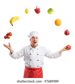 Emotional Cook Juggles Fruit And Vegetables