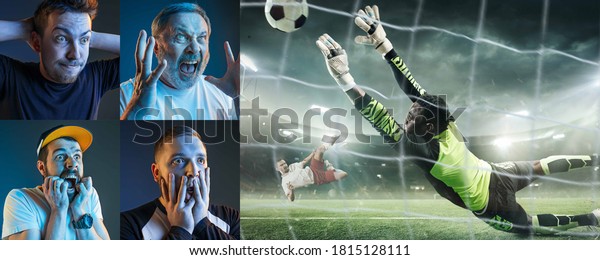 Emotional friends or fans watching football,\
soccer match on TV, look excited. Fans support, championship,\
competition, sport, entertainment concept. Collage of neon\
portraits and sportsman in\
action.