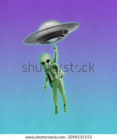 Emotional green alien with human body wearing business suit flying on UFO. Contemporary art collage. Art, space, travel, surrealism and fantasy. Ideas, imagination, aspiration. Copy space for ad