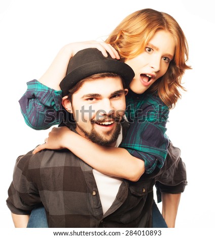 Similar – Image, Stock Photo Studio portrait of a young couple hugging