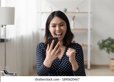 Emotional happy millennial korean ethnicity woman looking at smartphone screen, reading message with unbelievable amazing news, celebrating getting online shopping prize or lottery win notification.