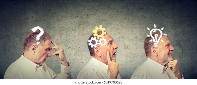 Emotional intelligence. Side view of an elderly man thoughtful, thinking, finding solution with gear mechanism, question, lightbulb symbols. Human face expression