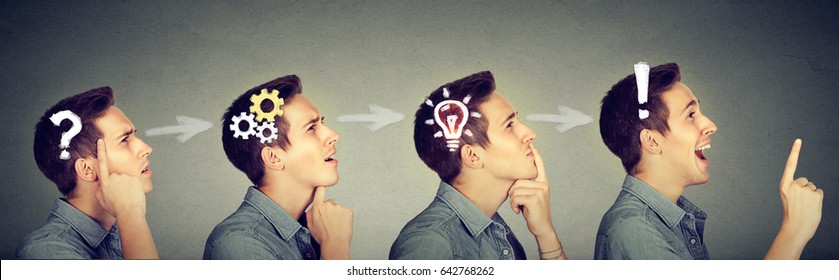 Emotional intelligence. Side view sequence of a man thoughtful, thinking, finding solution with gear mechanism, question, exclamation, lightbulb symbols. Human face expression