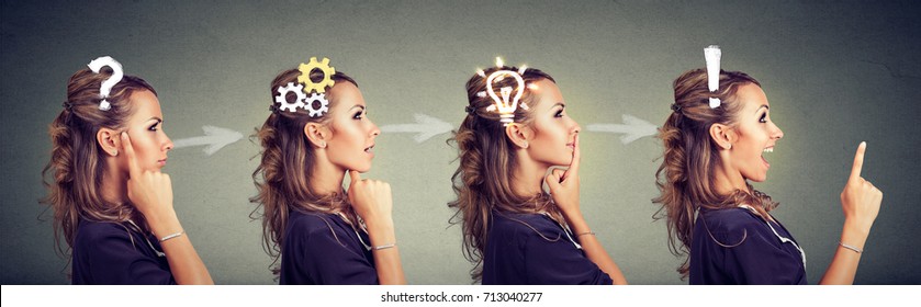 Emotional intelligence. Side view sequence of a woman thoughtful, thinking, finding solution with gear mechanism, question, exclamation, lightbulb symbols. Human face expression - Shutterstock ID 713040277