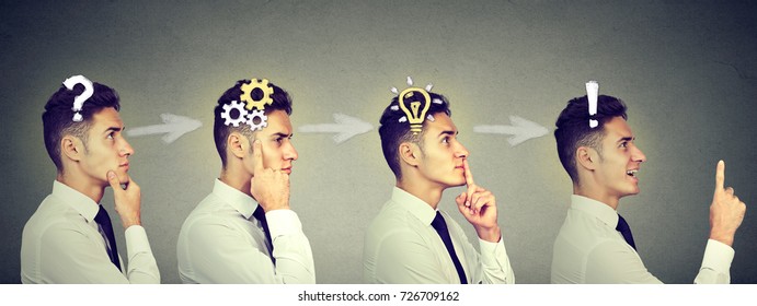 Emotional intelligence. Side view sequence of a young business man thinking, finding solution to a problem with gear mechanism, question, exclamation, light bulb symbols. - Shutterstock ID 726709162