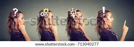 Emotional intelligence. Side view sequence of a woman thoughtful, thinking, finding solution with gear mechanism, question, exclamation, lightbulb symbols. Human face expression