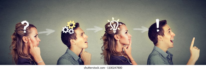Emotional intelligence. Thoughtful man and woman thinking solving together a common problem. Human face expressions - Shutterstock ID 1100247800