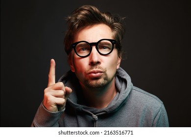 Emotional Man In Glasses. Smart Funny Boy. Guy Having A Good Idea