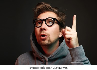 Emotional Man In Glasses. Smart Funny Boy. Guy Having A Good Idea