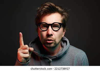 Emotional Man In Glasses. Smart Funny Boy. Guy Having A Good Idea