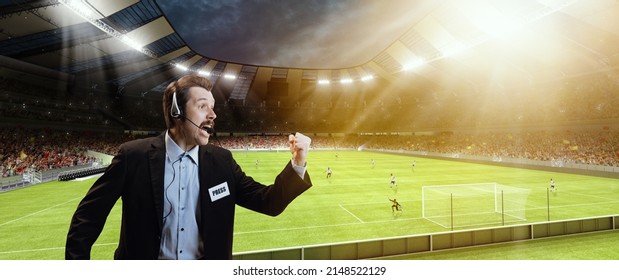 Emotional man, professional sport commentator, pressman during football match isolated over sport stadium background. Sport news, information. Football fans. Concept of wow emotions
