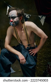 Emotional Man, Sad Male Clown Is Sad, Going Through A Personal Tragedy, Despair In The Old Retro Circus Backstage. Concept Of Fate, Job, Emotions, Facial Expression, Mental Health.