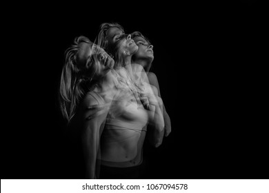 Emotional Phantom Portrait Of Young Blonde Woman.   Black And White Photo. Triple Exposure.