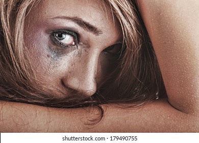 Emotional Portrait Of Abused, Crying, Beautiful, Young ,caucasian Woman In Underwear - Violence Concept, High Emotional - Hdr