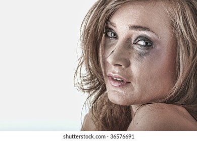 Emotional Portrait Of Abused, Crying, Beautiful, Young ,caucasian Woman In Underwear - Violence Concept, High Emotional - Hdr