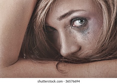 Emotional Portrait Of Abused, Crying, Beautiful, Young ,caucasian Woman In Underwear - Violence Concept, High Emotional - Hdr