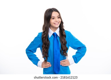 Emotional Portrait Of Caucasian Teenager Child Girl In Shirt And Necktie Isolated On White Background.