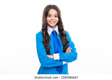 Emotional Portrait Of Caucasian Teenager Child Girl In Shirt And Necktie Isolated On White Background.