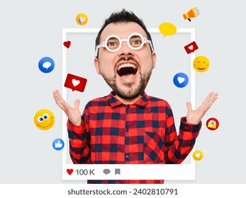 Emotional portrait of funny blogger man with like and comments icon in frame, caricature cartoon style big head. Application concept of social network banner. 