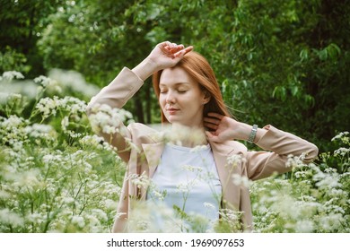 Emotional Resilience, Psychological Ability To Adapt To Pressure, Change And Stress. Business Woman Enjoying Life On The Background Of Green Trees In The Park