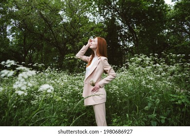 Emotional Resilience, Psychological Ability To Adapt To Pressure, Change And Stress. Business Woman Enjoying Life On The Background Of Green Trees In The Park.