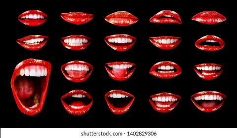 Emotional sexy bright red lips of the female mouth. The passion of a female open mouth is seductive with lipstick. The image of the magazine lips of a girl on a black image. Red with open mouth.