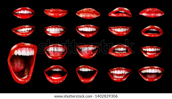 女性の口の感情的なセクシーで明るい赤い唇 口を開けた女性の情熱は口紅で誘惑的だ 黒い画像の女の子の唇の画像 口を開いた赤 の写真素材 今すぐ編集