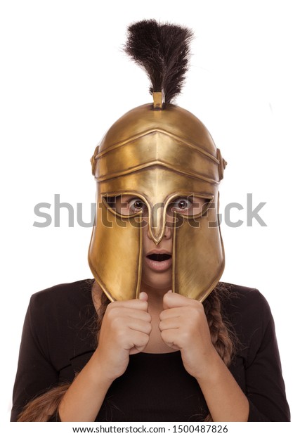 Emotional Teenager Girl Historical Copy Helmet Stock Photo