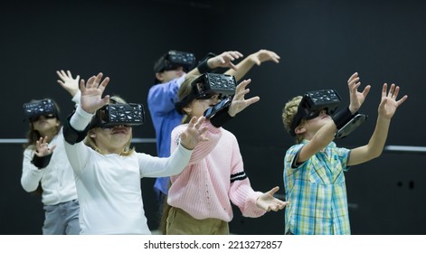 Emotional Tween Kids Having Fun With Vr Headset Goggles. Generation Alpha And New Technology