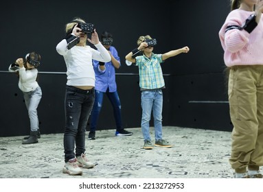 Emotional Tween Kids Having Fun With Vr Headset Goggles. Generation Alpha And New Technology