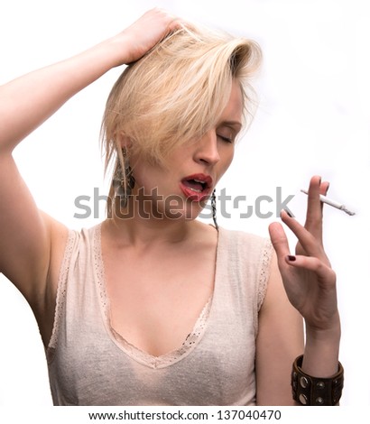 Emotional woman posing with cigarette on a white background
