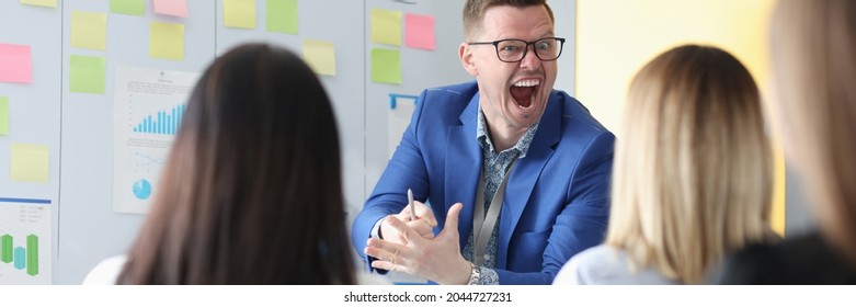 Emotionally Screaming Business Coach Conducts Employee Training. How To Resist The Rudeness Of Head